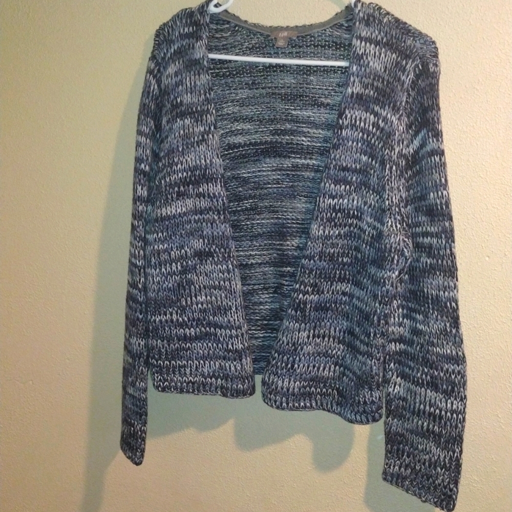 J Jill Thick Knit Multi Colored Blue Gray and White Cardigan Sweater LP